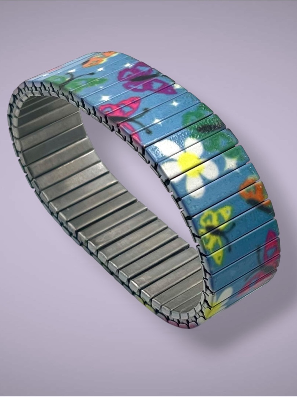 Vtg Blue Floral and Butterfly Stainless Steel Stretch Panel Expansion.Bracelet